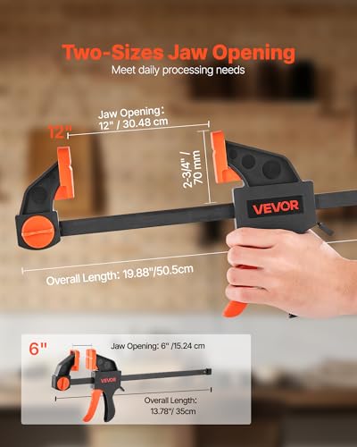 Image of VEVOR Bar Clamps for Woodworking, 2-Pack 12 inch and 2-Pack 6 inch, One-Handed Clamp /Spreader, Quick-Grip F-Clamp with 154 lbs Load Limit, Premium Plastic and Steel, for Woodworking Metal working