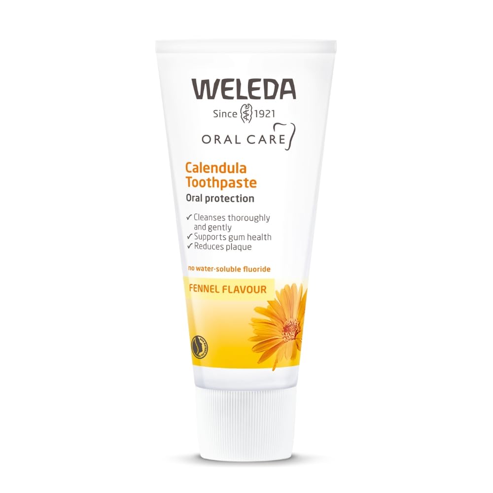 Weleda Calendula Toothpaste, Fluoride Free, Sensitive Gums, Antibacterial, SLS Free, Certified Natural, Organic, Vegan, Mint-Free, Fennel Flavour, 75ml