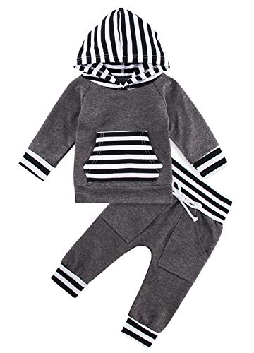 Toddler Infant Baby Boy Clothes Striped Long Sleeve Hoodie Tops Sweatsuit Pants Outfit Set (6-9 Months) Grey