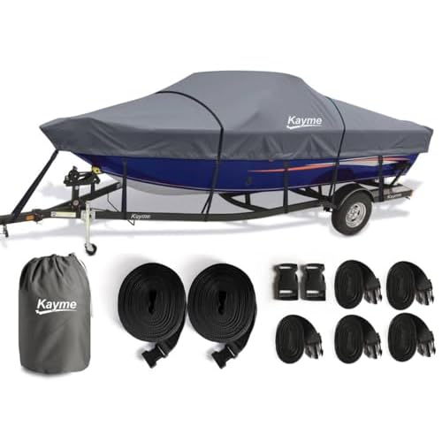 Kayme 1200D Heavy Duty Boat Cover for up to 15ft Boats - Waterproof, Tear Resistant with Reinforced Windproof Straps, Ideal for Fishing, Bass, Fish &