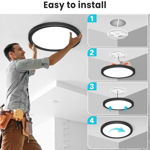 Image of libtit 12 inch Flush Mount LED Ceiling Light Fixture, 3000K 4000K 6500K Adjustable, 28W 3200lm Black Round Lighting Fixtures for Bathroom Shower Hallway Kitchen, 6 Pack