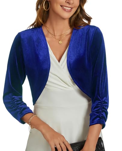 MINTLIMIT Velvet Shrug for Women's Ruched 3/4 Sleeve Open Front Cardigan Elegant Cocktail Party Cropped Bolero Jacket