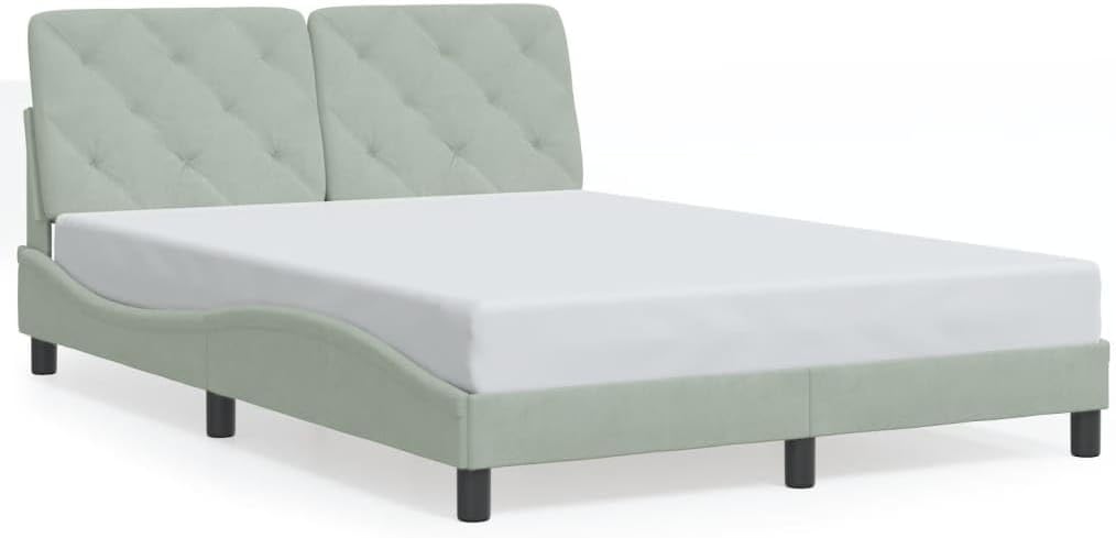 Bed Frame with LED Light Gray Velvet Upholstery 53.9"x74.8" Platform Bed with Sturdy Slatted Foundation and Headboard for Modern Bedroom Furniture