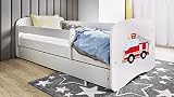 Kinderbett Jugendbett 70x140 80x160 80x180 Weiß mit Rausfallschutz Schublade und Lattenrost Kinderbetten für Mädchen und Junge - Feuerwehr 140 cm
