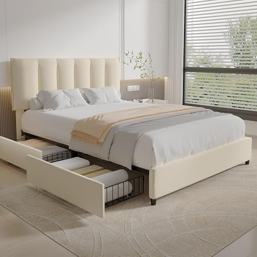 VECELO Double Upholstered Bed Frame with 4 Storage Drawers and Adjustable Velvet Headboard, Heavy-duty Platform bedframe, No Box Spring Needed, Beige