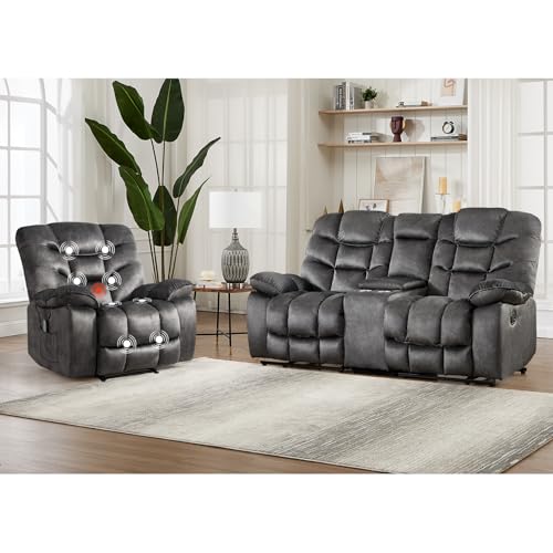 Image of HAOMARKETS 2-Piece Recliner Sofa Set, Include Single Power Recliner Chair with Massage & Heat and Manual 2-Seater Loveseat Reclining Couch with Hidden Storage and Cup Holders for Living Room, Grey