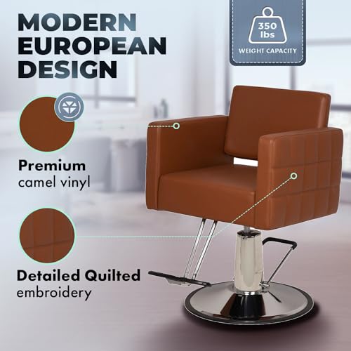 Buy-Rite Icon Styling Chair in Camel for Professional Salons & Barbershops, Extra Wide Seat, Quilted Design, Hydraulic Pump, Tufted Back, Easy-Clean Vinyl, Durable Steel Frame, YLG-192-CAM
