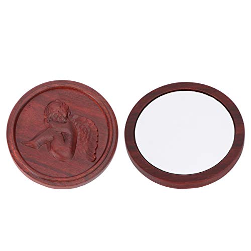 Beaupretty Compact Mirror Mini Hand Mirror Wood Frame Little Angel Pattern Round Makeup Glass Mirror for Purse Pocket (Claret)