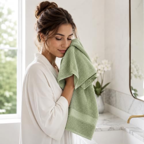 Image of Sulfar 100% Combed Cotton, Quick Drying Highly Absorbent, Luxury Hand Towel Set (Pack of 2, 40 X 70 cm) Nature Green
