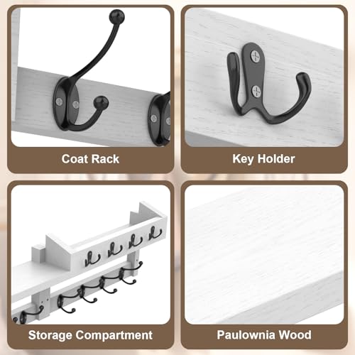 Perchero de pared de madera tipo B01 blanco con colgador para llaves integrado 8