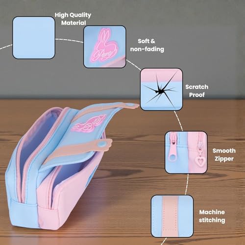 Image of Kawaii Cute Aesthetic Pencil Case for Students | Large Capacity Multi-Pocket Pencil Pouch with Zipper | Cartoon Stationery Organizer Bag for School, College & Office Supplies (LOVELY BUNNY - BLUE)