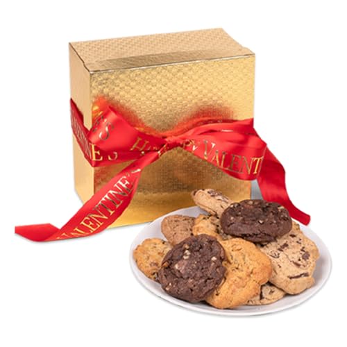 Gold Valentine’s Day Cookie Gift Box with Ribbon – 9 Freshly Baked Gourmet Cookies – Perfect Sweet Treats for Loved Ones