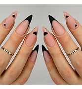 Valentine's Day Press on Nails Medium Almond Matte Black French Tip Fake Nails Pink False Nails P...