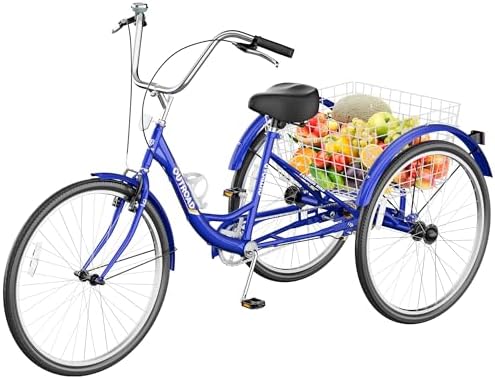 Adult Tricycle with Large Basket 24/26 Inch, Stable 3-Wheel Cruise Bicycle for Shopping, Beach and City Trike Perfect for Men, Women, Seniors(24 Blue)