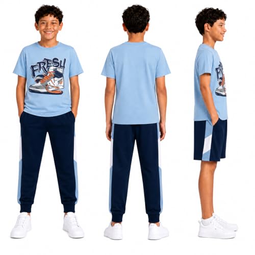 Image of Pro Athlete Boys Pants Set - 3 Piece Active Short Sleeve Graphic Tees Athletic Shorts and Jogger Sweatpants for Boys