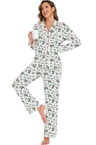 Image of LUBOT Christmas Pajamas for Women 100% Cotton Pajama 2 Piece PJ Set Soft Long Sleeve Button Xmas Print Loungewear XS-XXL