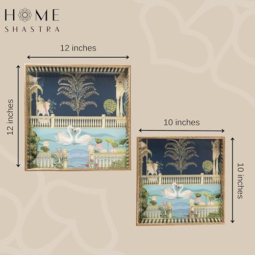 Image of Wooden Serving Tray with Gold Engraving | Set of 2 | Size : 12 x 12 inch & 10 x 10 inch | Enamel Coated Waterproof | Square Trays | Decorative Trays | (Swan Square Trays Set)