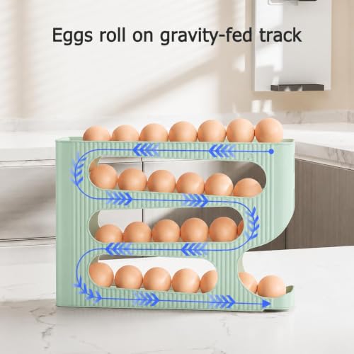 Image of 4-Tier Automatic Rolling Egg Dispenser for Refrigerator - Space-Saving Plastic Egg Holder, Holds Up to 30 Eggs, Roll-Down Design (Mint Green)