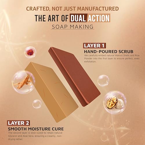 Image of Kisra De-Tan Magic Soap | 2-in-1 Exfoliating Scrub & Cleansing Bar | With 2% Kojic Acid, Niacinamide, Saffron & Walnut | Tan Removal Bath Soap for Dark Spots & Glowing Skin | For Unisex 75g (2 Pack)