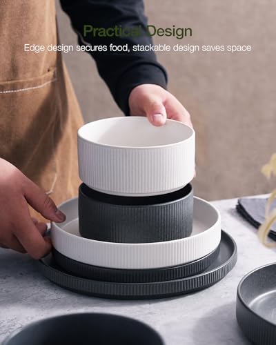 Image of Famiware Star 12-Piece Stoneware Dinnerware Sets for 4, Reactive Glaze Plates and Bowls, Modern Rustic Dishes for Everyday /Formal Use, Chip /Scratch Resistant, Microwave /Dishwasher Safe, White & Black