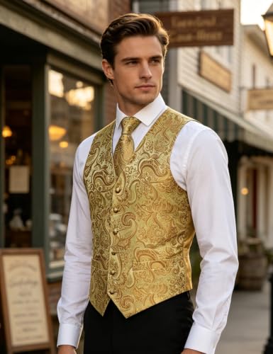 Image of DiBanGu Mens Vest and Tie Set Formal Paisley Waistcoat and Necktie Pocket Square Cufflinks Silk Suit Vest for Tuxedo Wedding