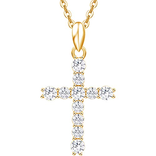 Carleen Yellow Gold Plated Sterling Silver Cubic Zirconia CZ Simulated Diamond Cross Crucifix Pendant Necklace Jewelry for Women Girls, 18