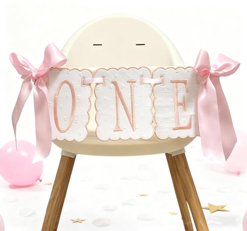 Image of Pink and White Bow ONE High Chair Banner for Girl First Birthday High Chair Banner Sweet One Pink Bow 1st Birthday Decorations