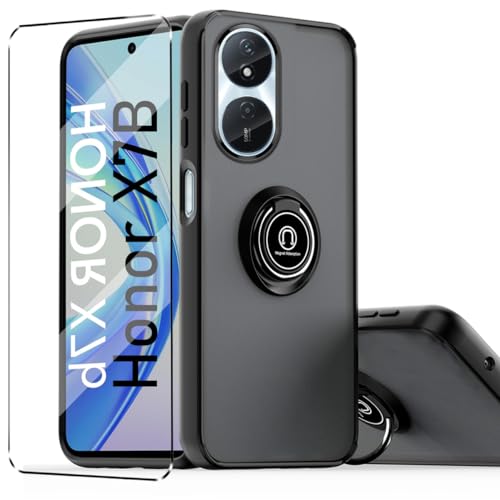 Cover e Vetrino Compatible con HONOR X7B antiurto Protezione Fotocamera 360° Metallo Anello Supporto Antiurto Hard PC Custodia Vetro temperato Pellicola protettiva silicone nero