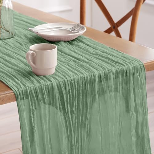 Pureegg 1 Stück Käsetuch Tischläufer 90x300 cm Boho Gaze Tischdecke Frühlings Dekoration für Party Babyparty Hochzeit & Landhaus Stoff Raumdeko Salbeigrün