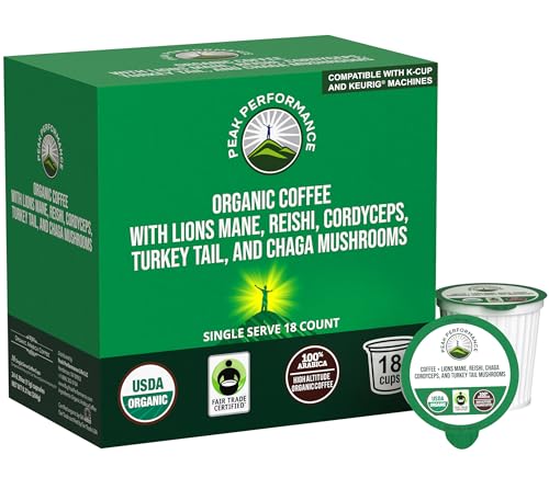 Organic Mushroom Coffee Pods with Lion's Mane, Reishi, Cordyceps, Turkey Tail, and Chaga Mushrooms. High Altitude, Low Acid, Smooth Tasting, Fair Trade, Instant Nootropic Coffee (Medium Roast Ground)