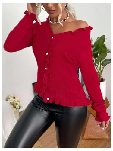 Image of Verdusa Women's Ruffle Trim V Neck Button Down Long Sleeve Knit Cardigan Sweater