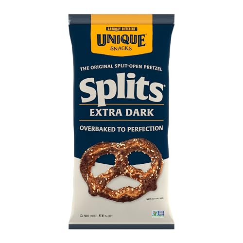 Unique Snacks Extra Dark Splits Pretzels, Original Split-Open Pretzels, Delicious Homestyle Baked Snack Bag, Vegan, OU Kosher, and Non-GMO Food, No Artificial Flavor, 11 Oz. Bag, Pack of 6