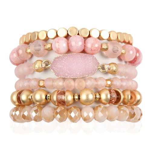 RIAH FASHION Bohemian Versatile Multi-Layer Bead Statement Bracelet - Stretch Stackable Bangle Set Acrylic Druzy (Bohemian Oval Druzy Set - Pink)