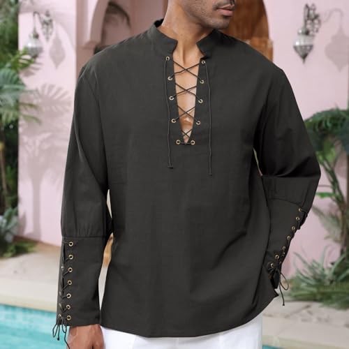 Image of CTU Men's Cotton Shirt Pirate Shirt Medieval Viking Renaissance Costume | V-Neck,Drawstring Collar,Linen Tunic,Ren Faire,Plus Size,Goth,Big and Tall,Halloween
