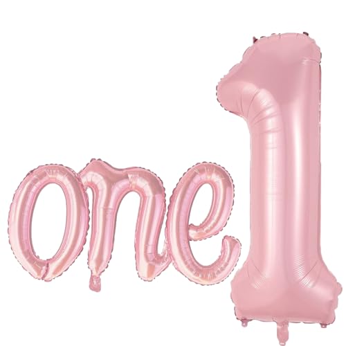 2Pcs Large Light Pink Number 1 Balloon and Script Letter One Balloons, 40Inch Foil Big Pink One Balloon Banner for First Birthday, Girl 1st Birthday Decorations for Baby Shower