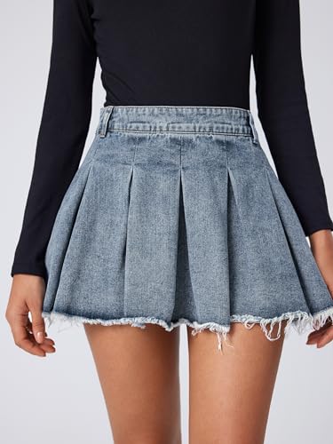 CIDER Women's Denim High Waist Pleated Raw Hem Mini Skirt2