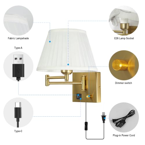 Image of Plug in Wall Lamp for Living Room Bedroom Bedside, Bulb Included | Wall Sconce with USB C+A Charging Ports, Adjustable Swing Arm 270, Adjustable Color Temperature, White Fabric Cone lampshade