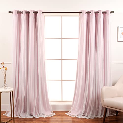 Best Home Fashion Set of 2 Lace Tulle Overlay Thermal Insulated Solid Blackout, Stainless Steel Nickel Grommet Window Panels for Bedroom, Living Room, Dining Room - 52" W x 63" L, Newpink