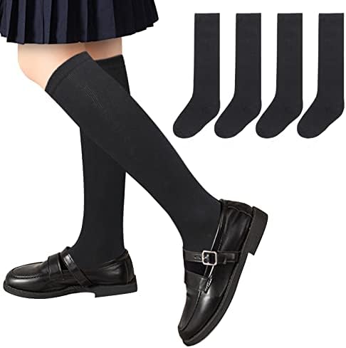 Mini Kitty 4 Pairs Girls Knee High Socks Toddler School Uniform Socks Cotton Knit Knee Socks for Girls Baby Boys Kids Black S