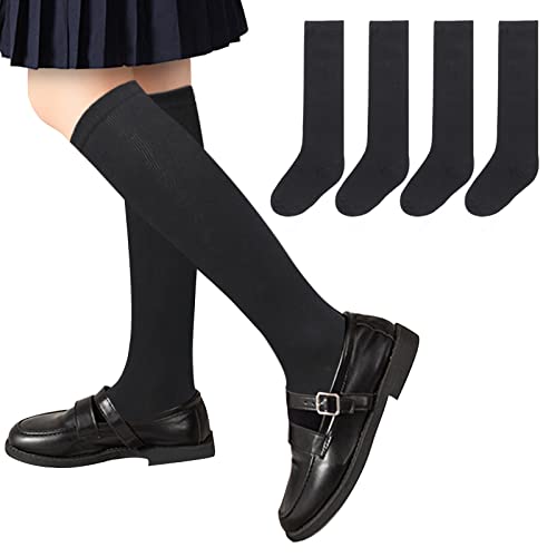 Mini Kitty 4 Pairs Girls Knee High Socks Toddler School Uniform Socks Cotton Knit Knee Socks For Girls Baby Boys Kids Black S #TOP1