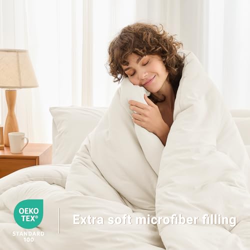 MUXHOMO 7 Pieces Full Comforter Set, Soft Bed in a Bag Full Size, All Season Bedding Set with Comforter, Flat Sheet, Fitted Sheet, Pillowcases & Shams, Ivory