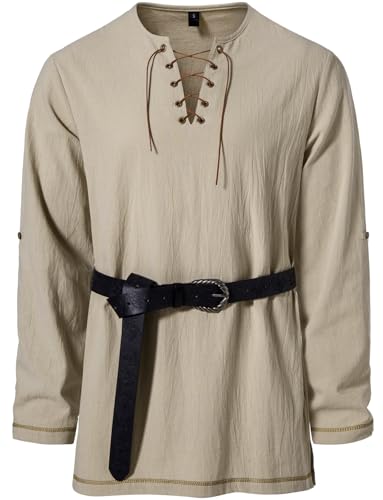 Image of JEMITOP Men's Pure Cotton Vintage Lace Up Shirts for Pirate Renaissance Viking Medieval Costume Without Belt
