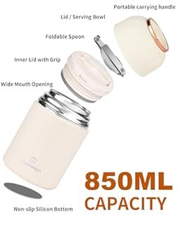 Dreamhigh® Termos per Alimenti 850 ml, Contenitore Termico per Alimenti Caldi con Maniglia, Portavivande Termico Acciaio Inossidabile con Cucchiaio, per Zuppa, Pasta (Bianco)