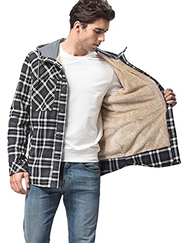 Pehmea Men's Cotton Plaid Shirts Jacket Fleece Lined Flannel Shirts Sherpa Button Down Jackets With Hood For Men (02 Gray, Medium) #TOP4