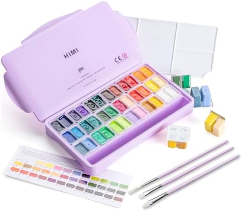 HIMI Twin Cup Jelly Gouache Paint Set with 3 Paint Brushes, 36 Colors 12g, Jelly Cup Design, Non Toxic Paint for Canvas and Paper, Art Supplies for Professionals (Purple Case)