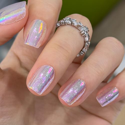 Image of CurvLife Soft Gel Squoval Press-On Nails Short, Reusable Fake Nails with Glue & Adhesive Tabs, 30PCS Salon-Quality Stick-On Nails for At-Home Manicure (Fairy Frost)