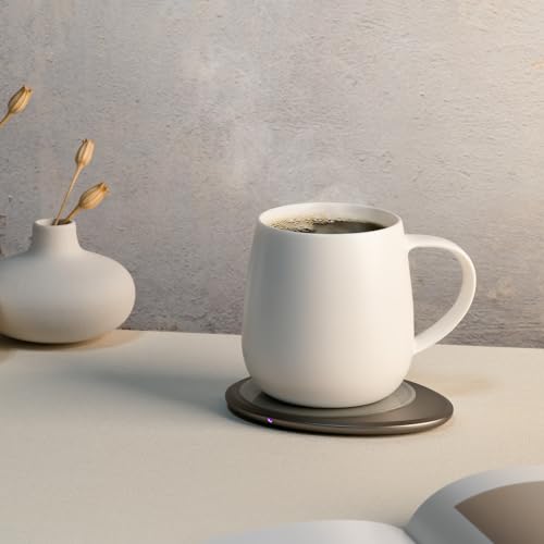 Image of Ui 3 Self-Heating Mug Set - Jasmine White | 12 fl oz / 355 mL Ceramic Coffee & Tea Mug Set with Heating Pad