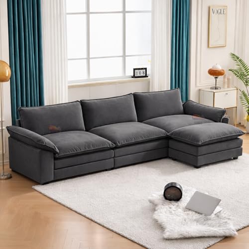 Image of SRMS Sectional Sofa Modern Deep 4 -Seat Sofa Couch | 3 + 1 ottoman | Chenille Sofa Sleeper Comfy Upholstered Furniture for Living Room, Apartment, Studio, Office | L Shape | Dark Grey