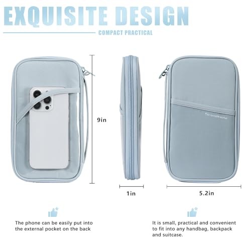 Travel Passport Wallet, Large Family Passport Holder for Men Women RFID Passport Cover Lightweight Portable Document Organizer with Wrist Strap & Neck Lanyard (Blue)2