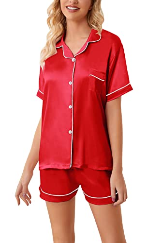 Image of Schbbbta Girls Womens Pajamas, Satin Silky Pjs Set Kids 2Pcs Button-Down Nightwear Sleepwear Gift for Mommy and me
